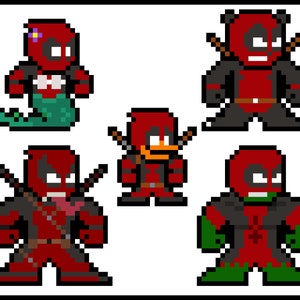 Puede incluir: Cinco versiones de pixel art del superhéroe Deadpool en diferentes poses. Una es una sirena, otra es un pato, una es un Hulk y dos están de pie.