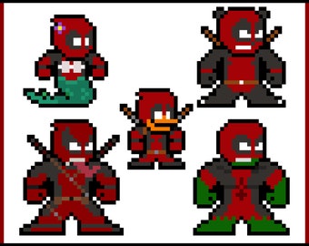 DEADPOOL VARIANTS, 8bit Vinyl Decals, Sheet of 5, Pixel Art, Sticker Sheets, For Laptops, Superhero Stickers, Pixel Art Stickers,