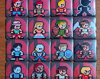 May include: A set of sixteen square pinback buttons featuring pixel art characters from the Super Smash Bros series. Each button displays a unique character against a red circular background with a black grid pattern overlaying the entire design.