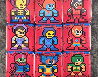 Op de afbeelding: Een set van negen vierkante buttons gerangschikt in een drie-bij-drie raster. Elke button toont een uniek pixel art karakterontwerp tegen een levendige rode achtergrond met een blauw gepixeld wolkenpatroon bovenaan elk vierkant.
