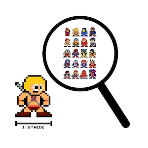 May include: A pixel art illustration of He-Man, a muscular, blonde-haired character with a sword, standing in front of a magnifying glass. The magnifying glass shows a grid of 25 pixel art characters, including He-Man, Skeletor, and other characters from the Masters of the Universe.