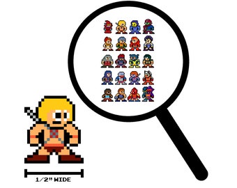 Op de afbeelding: Een pixel art-illustratie van He-Man, een gespierd, blond personage met een zwaard, dat voor een vergrootglas staat. Het vergrootglas toont een raster van 25 pixel art-personages, waaronder He-Man, Skeletor en andere personages uit het universum van Masters of the Universe.
