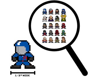 Op de afbeelding: Een blauw en rood pixel art-personage dat een helm draagt en een pistool vasthoudt. Het personage is 1,27 cm breed. Een vergrootglas toont een raster met 20 pixel art-personages in verschillende kleuren en poses.