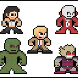 May include: Pixel art illustration of six characters. A woman with black hair and a white top, a man with blonde hair wearing a brown coat, a green creature with red eyes, a red creature with a white head, and two creatures with brown skin and red eyes.