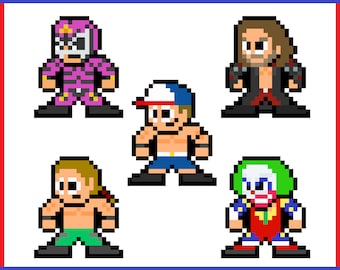 May include: Five pixel art characters, each with a unique design and colour scheme. The characters are a wrestler in a purple and black mask, a wrestler with a red and black jacket, a wrestler with a blue and white hat, a wrestler with a green and black outfit, and a wrestler with a green and red clown costume.