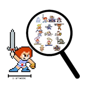 Puede incluir: Una ilustración de pixel art de She-Ra, una guerrera con cabello rojo, sosteniendo una espada. Lleva un atuendo azul y blanco. La imagen incluye una lupa con una colección de personajes de pixel art del programa "She-Ra: Princess of Power".