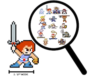 Op de afbeelding: Een pixel art-illustratie van She-Ra, een vrouwelijke krijger met rood haar, die een zwaard vasthoudt. Ze draagt een blauwe en witte outfit. De afbeelding bevat een vergrootglas met een verzameling pixel art-karakters uit de serie "She-Ra: Princess of Power".