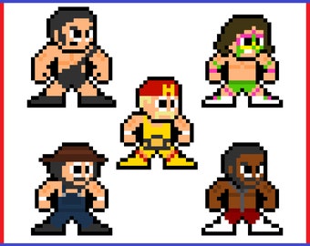 May include: Five pixel art wrestlers in different poses. The wrestlers are wearing colourful wrestling outfits and have different hairstyles.