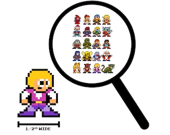May include: A pixel art character with blond hair, a pink shirt, purple trousers, and a magnifying glass showing a grid of 25 pixel art characters.