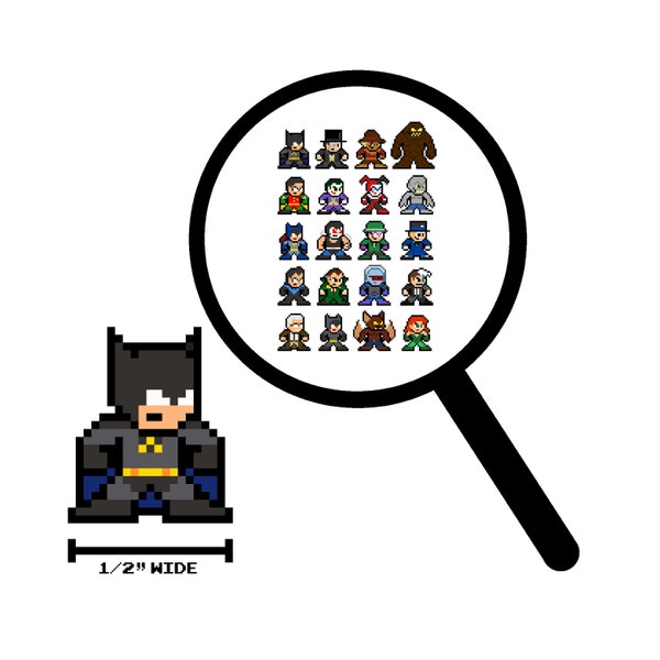 8bit Micro Decals, DARK KNIGHT ANIMATED, Set of 20, Pixel Art, For Cell Phones, For Laptops, Comic Books, Hero Stickers, Vinyl Decals