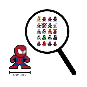 May include: A pixel art illustration of a red and blue Spider-Man character with a magnifying glass showing a grid of 20 different Spider-Man characters in various colours and poses. The text "1/2" WIDE" is below the Spider-Man character.