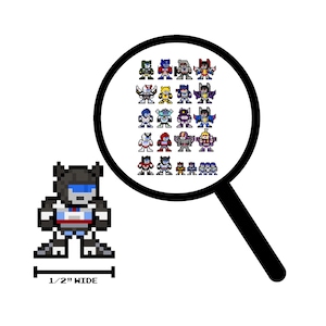 May include: A pixel art illustration of a blue and white robot character with a black head. The robot is standing on a white background with a magnifying glass showing a grid of 25 pixel art robot characters. The text "1/2" wide is below the robot.