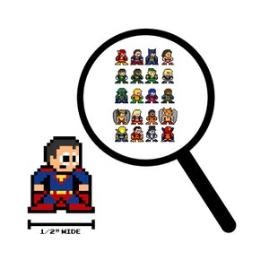 May include: A pixel art illustration of Superman, a superhero with a red cape and blue suit, standing with his arms at his sides. The image is 1/2 inch wide. A magnifying glass shows a grid of 20 pixel art illustrations of superheroes, including Batman, Wonder Woman, and The Flash.