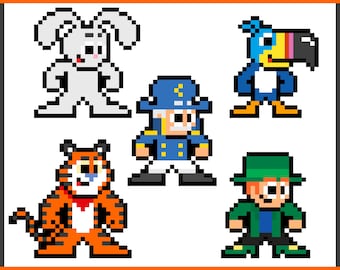 Op de afbeelding: Een pixel art-illustratie van vijf cartoonfiguren: een grijs konijn, een blauwe toekan, een tijger met oranje en zwarte strepen, een man in een blauw matrozenuniform en een groene hoed, en een man in een groene hoed en een groen shirt.