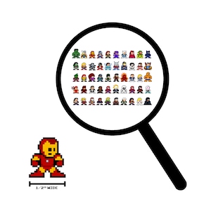 May include: Pixel art of various superheroes, including Iron Man, displayed under a magnifying glass. The Iron Man pixel art is 1.27 cm wide. The image features a white background.