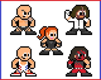 May include: Five pixel art figures of wrestlers. The figures are in different poses and wearing different wrestling attire. The figures are on a white background.