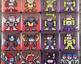 May include: A collection of sixteen square pin-back buttons arranged in a four-by-four grid. Each button features a unique pixel art character design. The left two columns have red backgrounds, while the right two columns have purple backgrounds.