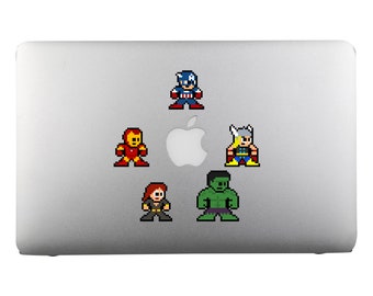 Calcomanías de vinilo de 8 bits AVENGING HEROES, juego de 5, diseño de píxeles, hojas de calcomanías, para computadoras portátiles, para jugadores, calcomanías de superhéroes, calcomanías de diseño de píxeles