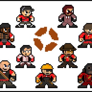 May include: A pixel art illustration of nine characters from the video game Team Fortress 2. The characters are all wearing red and are standing in a circle around a brown symbol. The symbol is a stylized version of the Team Fortress 2 logo.