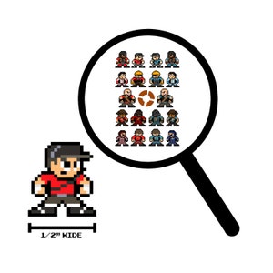 Puede incluir: Imagen pixelada de un personaje con camisa roja y gorra negra, de aproximadamente 1,3 cm de ancho. Una lupa muestra otros personajes pixelados. Los personajes visten varios atuendos y colores, incluyendo rojo, azul y marrón.