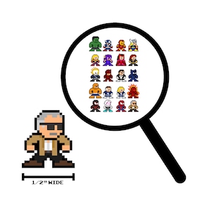 May include: A pixel art illustration of Stan Lee, a comic book writer, wearing a brown jacket and sunglasses. He is looking at a magnifying glass that shows a grid of 20 pixel art characters from Marvel Comics. The text "1/2" WIDE" is below Stan Lee.