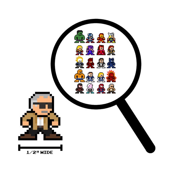 8bit Micro Decals, MARVELOUS HEROES, Set of 20, Pixel Art, For Cell Phones, For Laptops, For Gamers, Comic Book, Hero Stickers, Vinyl Decals