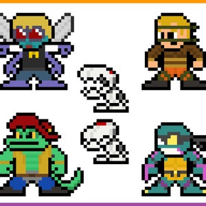 Könnte beinhalten: Eine Pixel-Art-Illustration mit sechs Charakteren. Die Charaktere sind ein blaues und gelbes Wesen mit Flügeln, ein brauner und orangefarbener Charakter mit einem gelben Stirnband, ein grüner und gelber Charakter mit einem roten Hut, ein weißes Wesen mit roten Augen, ein weißes Wesen mit roten Augen und ein blaugrüner und gelber Charakter mit einer schwarzen Maske.