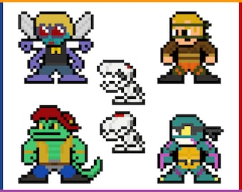 Op de afbeelding: Een pixel art-illustratie met zes personages. De personages zijn een blauw en geel wezen met vleugels, een bruin en oranje personage met een geel hoofdband, een groen en geel personage met een rode hoed, een wit wezen met rode ogen, een wit wezen met rode ogen en een teal en geel personage met een zwart masker.