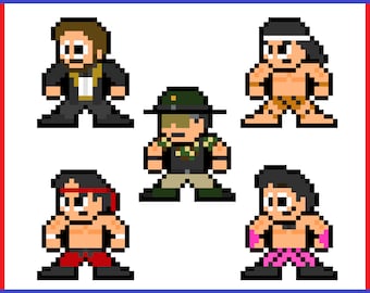 May include: Five pixel art characters, each with a different style and colour scheme. The characters are all standing and facing forward. The character on the left is wearing a black suit and a white shirt. The character in the centre is wearing a green hat, a black shirt, and khaki trousers. The character on the right is wearing a pink and black wrestling outfit.