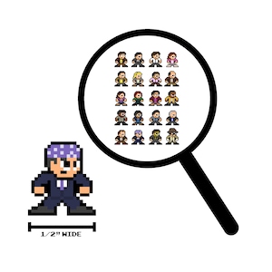 May include: A pixel art character wearing a purple bandana and a blue suit. The character is 1/2 inch wide. A magnifying glass shows a grid of 25 pixel art characters.