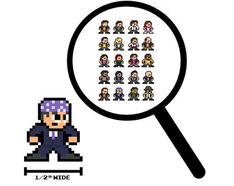 Op de afbeelding: Een pixel art-personage met een paarse bandana en een blauw pak. Het personage is 1,27 cm breed. Een vergrootglas toont een raster met 25 pixel art-personages.