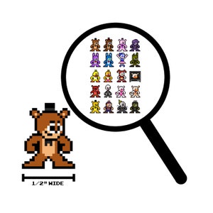 Peut inclure: Une loupe montre une grille de 20 personnages en pixel art, dont un ours brun, un poulet jaune, un cochon rose et un lapin violet. La loupe est placée sur un personnage en pixel art d'un ours brun portant un chapeau haut de forme noir. L'ours mesure 1,27 cm de large.