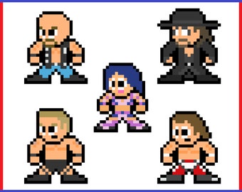 May include: Pixel art illustration of five wrestlers. The wrestlers are in various poses and wearing different outfits. The wrestlers are all in a fighting stance.