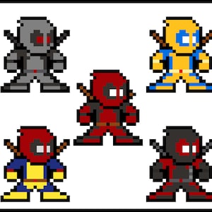 Puede incluir: Cinco personajes de arte de p&iacute;xeles, cada uno con un esquema de color y un dise&ntilde;o diferentes. Los personajes llevan todos m&aacute;scaras y tienen una forma de cuerpo similar. Los personajes son rojo, amarillo, negro, gris y azul.