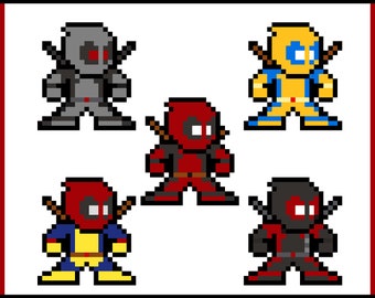 Op de afbeelding: Vijf pixel art-karakters, elk met een ander kleurenschema en ontwerp. De karakters dragen allemaal maskers en hebben een vergelijkbare lichaamsvorm. De karakters zijn rood, geel, zwart, grijs en blauw.