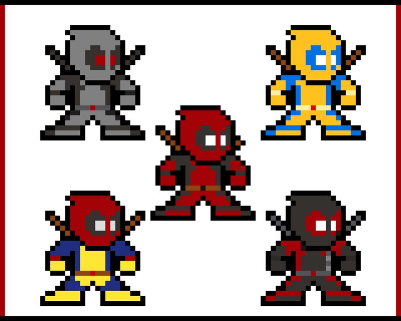 Puede incluir: Cinco personajes de arte de p&iacute;xeles, cada uno con un esquema de color y un dise&ntilde;o diferentes. Los personajes llevan todos m&aacute;scaras y tienen una forma de cuerpo similar. Los personajes son rojo, amarillo, negro, gris y azul.