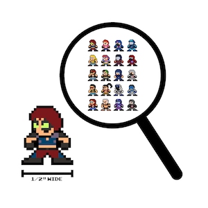 May include: Pixel art character, 1/2 inch wide, with red hair, green eyes, and a blue and red outfit. A magnifying glass shows a collection of similar pixelated characters in various outfits. The image is on a white background.