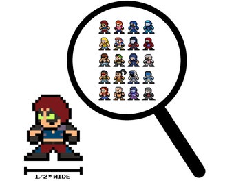 Op de afbeelding: Pixel art-personage, ongeveer 1,27 cm breed, met rood haar, groene ogen en een blauw en rood outfit. Een vergrootglas toont een verzameling vergelijkbare gepixelde personages in verschillende outfits. De afbeelding staat op een witte achtergrond.