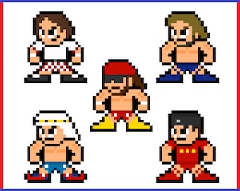 May include: Five pixel art characters, each with a different style and colour scheme. The characters are all wearing different outfits and have different hairstyles. The characters are all standing in a row, facing forward.