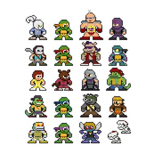 8bit, Naklejki winylowe, MUTANT MAYHEM, Zestaw 20, Żółwie Ninja, Pixel Art, Arkusze naklejek, Na laptopy, Naklejki z superbohaterami, Naklejki Pixel Art