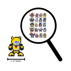 May include: Pixelated yellow and black robot character, 1/2 inch wide, stands next to a magnifying glass showing various pixelated robot characters. The image is on a white background.