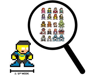 Op de afbeelding: Pixelheld karakter met een gele kop en een blauw en zwart kostuum. De afbeelding bevat een vergrootglas met meerdere gepixelde superheldenkarakters. De tekst onderaan luidt "1/2" breed (1,27 cm)."