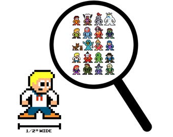 Op de afbeelding: Pixelachtige stripfiguur met blond haar, een wit shirt en een blauwe broek. De afbeelding is 1,27 cm breed. Een vergrootglas toont andere pixelachtige karakters. De karakters zijn in verschillende kleuren en vertegenwoordigen verschillende figuren.
