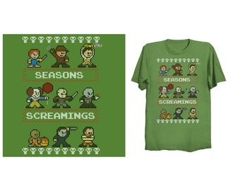 Green SEASONS SCREAMINGS Ugly Christmas T-Shirt Horror Shirt Freddy Jason Michael Myers Halloween It Pennywise Chucky Pinhead 8-bit