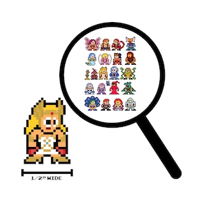 Peut inclure: Illustration en pixel art d'une guerrière blonde de 1,27 cm de large, à côté d'une loupe montrant divers personnages fantastiques pixélisés. La guerrière a une expression déterminée, portant une couronne dorée et des accents rouges.