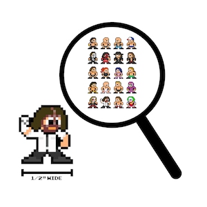 Peut inclure: Une illustration en pixel art d'un lutteur portant un masque blanc et une chemise blanche avec une cravate noire. Le lutteur lève le poing en l'air. L'image mesure 1,27 cm de large. Une loupe montre une grille de 25 lutteurs en pixel art.