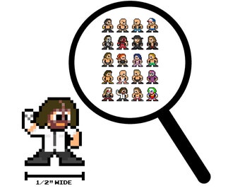 Op de afbeelding: Een pixel art-illustratie van een worstelaar die een wit masker en een wit shirt met een zwarte stropdas draagt. De worstelaar houdt zijn vuist in de lucht. De afbeelding is 1,27 cm breed. Een vergrootglas toont een raster van 25 pixel art-worstelaars.