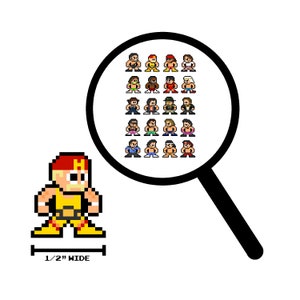 Könnte beinhalten: Eine Pixel-Art-Illustration eines Wrestlers in einem gelben und roten Outfit mit einem schwarzen Gürtel. Der Wrestler ist 1,27 cm breit. Eine Lupe zeigt ein Raster mit 25 Pixel-Art-Wrestlern in verschiedenen Posen und Farben.