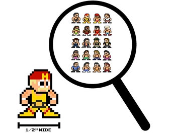 Op de afbeelding: Een pixel art-illustratie van een worstelaar in een geel en rood pak met een zwarte riem. De worstelaar is 1,27 cm breed. Een vergrootglas toont een raster met 25 pixel art-worstelaars in verschillende poses en kleuren.