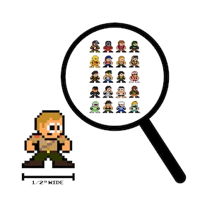 May include: A pixel art character wearing a brown and tan outfit with a magnifying glass showing a grid of 25 pixel art characters. The text "1/2" WIDE" is below the character.